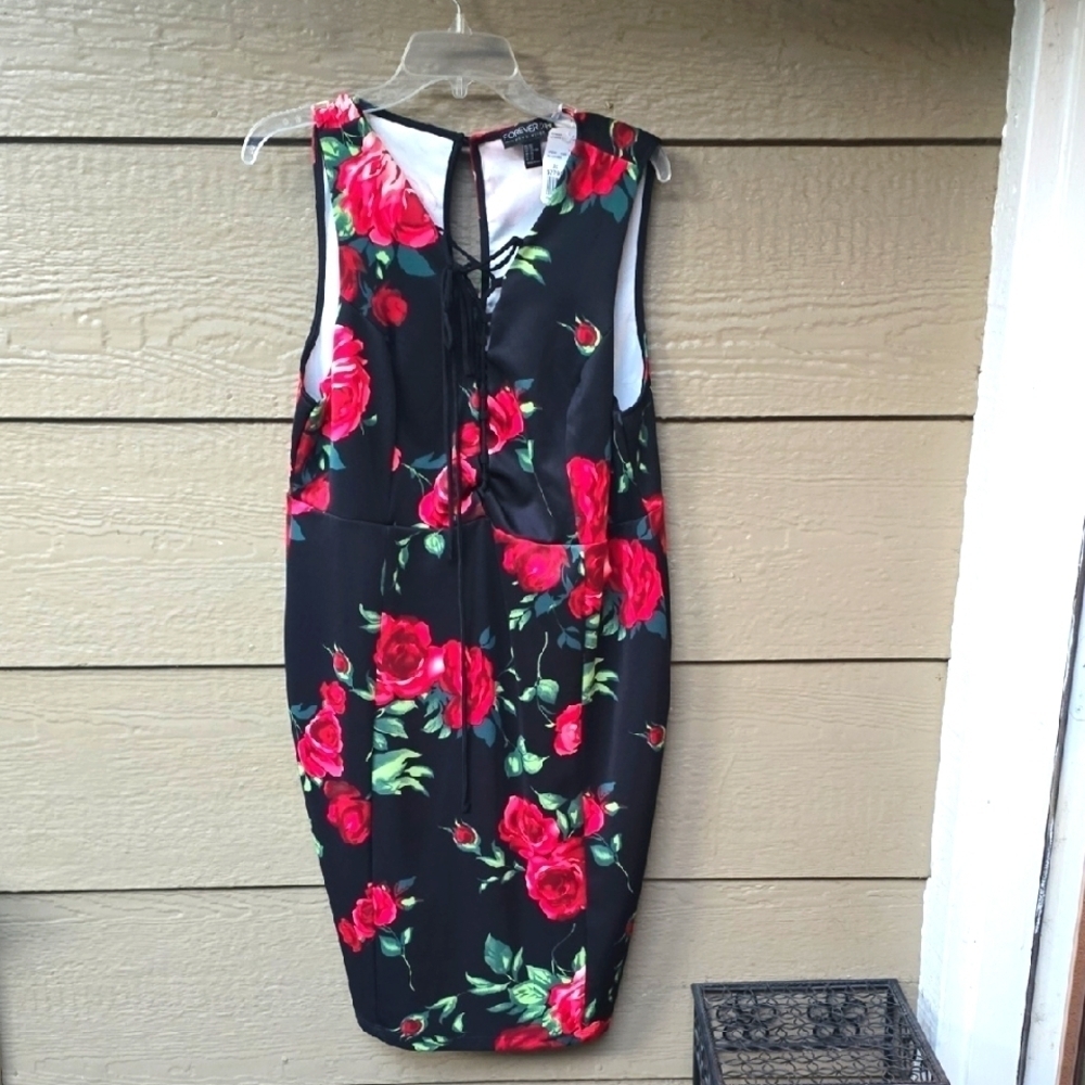 Forever 21 Black Red Floral Knee Length Bodycon Lace Up Front Dress New Nwt 3x